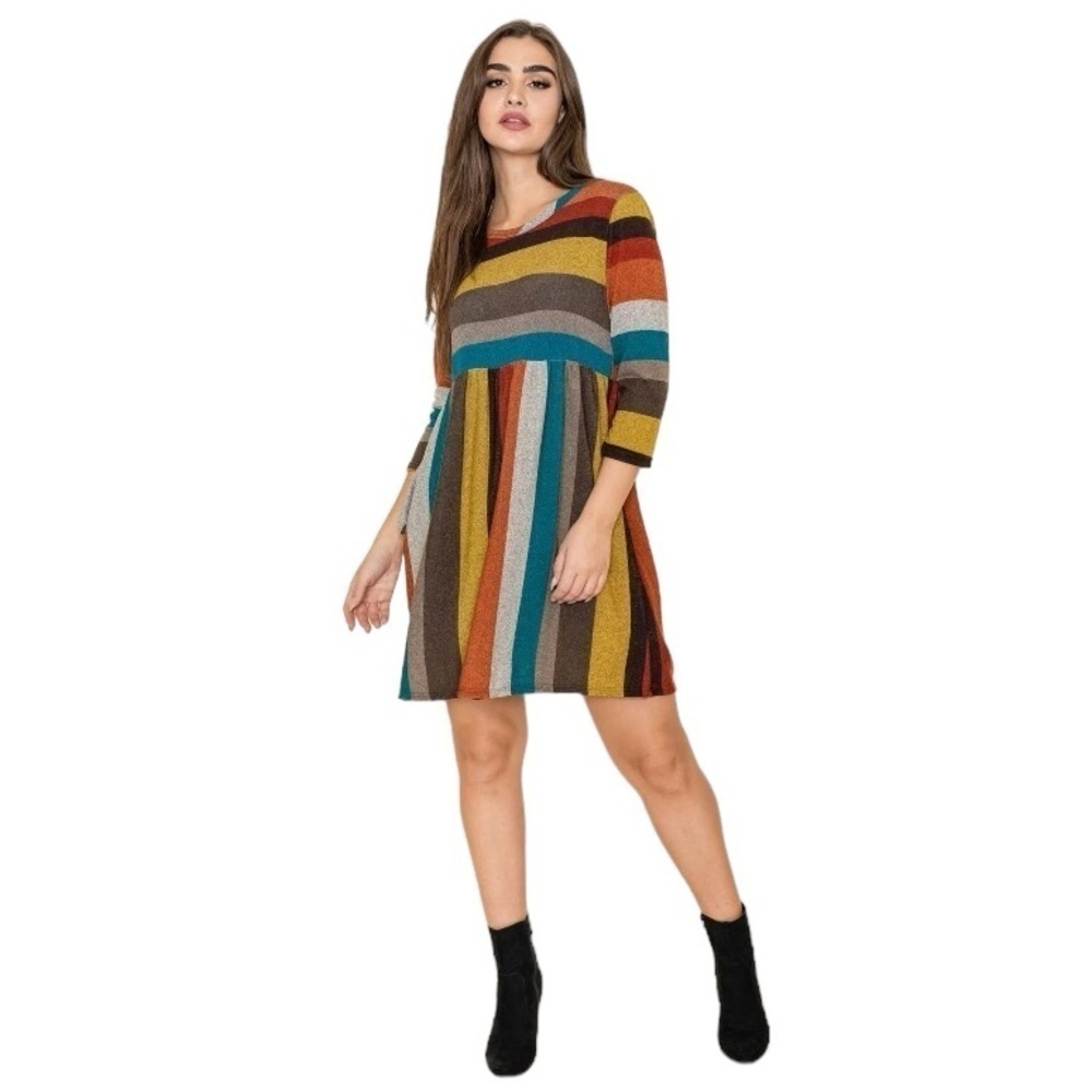 42 POPS Dress Long Sleeve High Waist 2 Way Stripe Earthtone Multicolored Women M